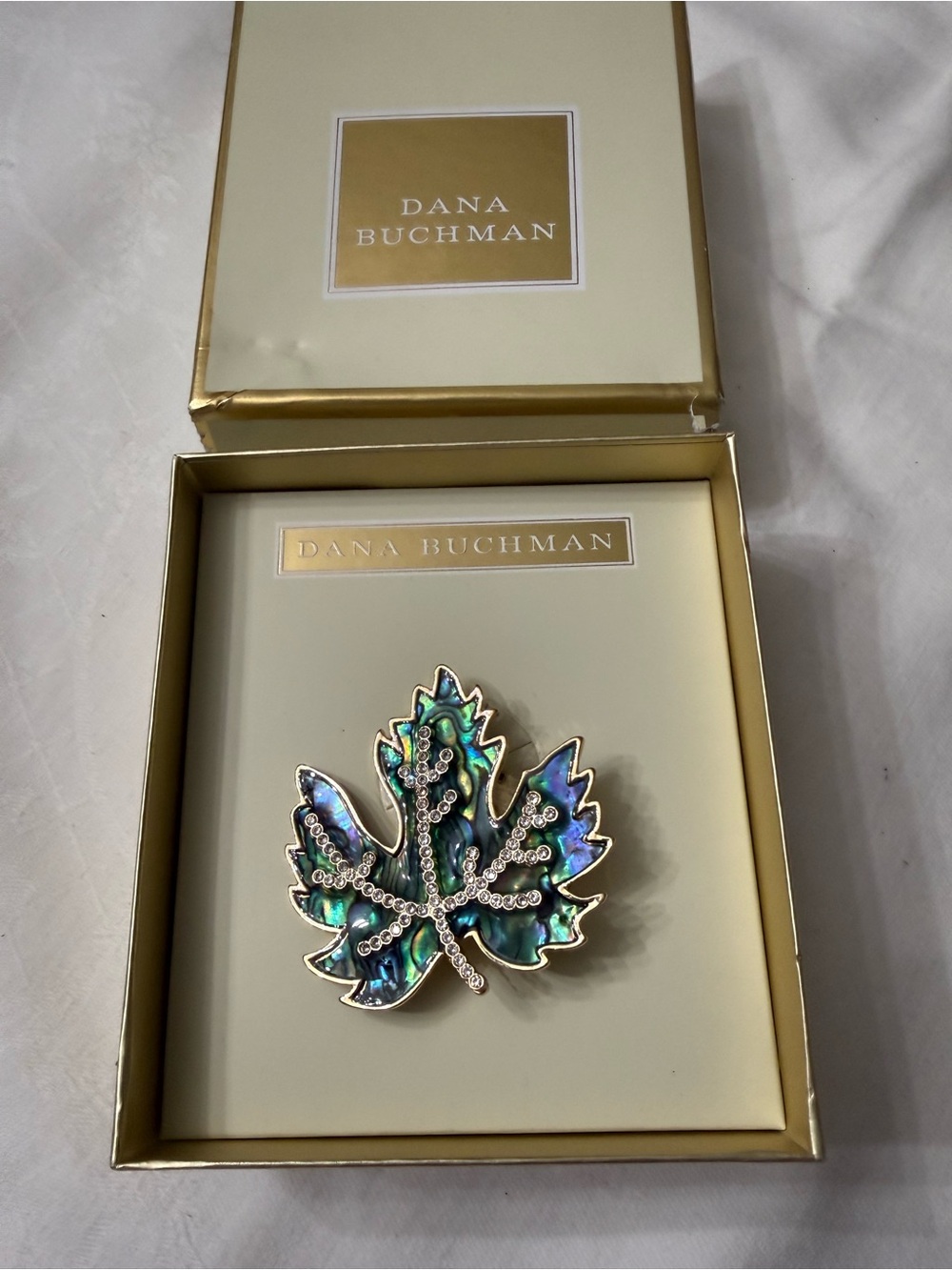 Dana Buchman Iridescent Abalone Leaf Brooch with Gold-Tone Edge